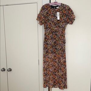 Topshop Floral Print Midi Dress - Black and Pink